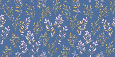 abstrakt klein Geäst Blätter und winzig Blumen Knospen nahtlos Muster. minimalistisch kreativ Blumen- Stängel Drucken auf ein Blau Hintergrund. Hand gezeichnet skizzieren. Vorlage zum Entwürfe, Stoff, Textil- vektor
