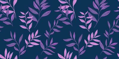 konstnärlig abstrakt blad stam sömlös mönster. hand ritade. enkel mörk blå bakgrund med lila grenar löv på en skriva ut. collage mall för mönster, textil, tyg vektor