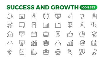 Wachstum und Erfolg Linie Symbole Sammlung. groß ui Symbol einstellen im ein eben Design. dünn Gliederung Pack. Wachstum und Erfolg Satz. erfolgreich Geschäft Entwicklung, planen Prozess Symbol. vektor