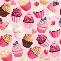 sömlös mönster med hög detaljerad pastell rosa muffins med bär och ljus vektor