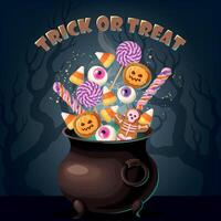 halloween kort kommer kittel full av sötsaker på en läskigt bakgrund vektor