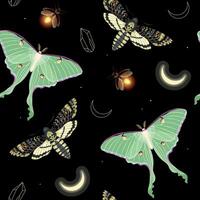 sömlös mönster med hög detaljerad måne fjäril, acherontia och eldflugor vektor