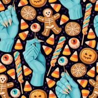 Halloween Süss Süßigkeiten und Hexe Hände nahtlos Muster vektor