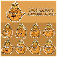 tecknad serie maskot av aprikos passform karaktär med kung och uttryck uppsättning. vektor