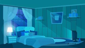 Schlafzimmerinnenraum in Mondlichtstrahlen. riesiges Bett mit trendigen Kissen und Decke. Nachttisch mit klassischem Lampenschirm. moderner Fernseher mit weichem Licht. großes Fenster mit leichten Vorhängen verziert vektor
