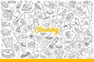 lägenhet rengöring Utrustning och kemikalier för tvättning eller färga avlägsnande. hand dragen klotter. vektor