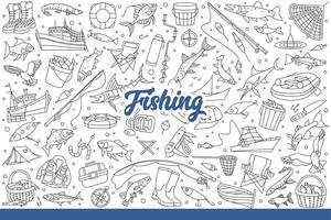 Angeln liefert und Fisch zum Fischer interessiert im Sportfischen. Hand gezeichnet Gekritzel. vektor