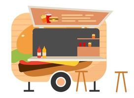 Burger-Food-Truck-flache Vektor-Illustration. Streetfood-Wagen. bereites Essen zum Mitnehmen Fahrzeug. Picknick im Freien. Anhänger für den Verkauf von Hamburgern. Fast-Food-Lieferwagen isoliert auf weißem Hintergrund vektor