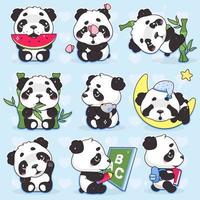 Süßer Panda kawaii Cartoon-Vektor-Zeichensatz. entzückendes, glückliches und lustiges Tier, das Wassermelone isst, Bambus-isolierter Aufkleber, Patches-Pack. Anime Baby Panda Bär schlafendes Emoji auf blauem Hintergrund vektor