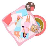 Freundinnen essen Pizza flachbild Vector Illustration. weibliche beste freunde im pyjama auf bettzeichentrickfiguren. Übernachtung, Pyjama-Party-Konzept. junge Mädchen, Frauen in Nachtwäsche verbringen Zeit miteinander