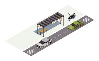 väntestation isometrisk färg vektorillustration. busshållplats. bilar och motorcyklar. infografik för stadstrafik. vägmarkering. stadstrafik. auto 3d-koncept isolerad på vit bakgrund vektor