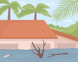 tropische Stürme flache Farbvektorillustration. Folgen von Hurrikan-Landungen. gefährlicher Meeresspiegelanstieg. Überlandüberschwemmungen erleben 2D-Cartoon-Stadtbild mit Palmen im Hintergrund vektor