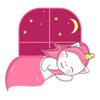süß Karikatur Einhorn schläft unter ein Decke gegen das Hintergrund von ein Fenster mit das Nacht Himmel. Aufkleber, Postkarte. vektor