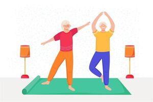 pensionerade människor utbildning platt vektorillustration. motion. hälsosam livsstil. gammalt par tillbringar tid tillsammans. pensionärer gör yoga hemma seriefigurer vektor