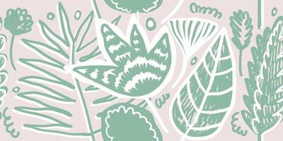 sömlös modern mönster med tropisk växter. exotisk blommig mönster med handflatan blad, ormbunke, gingko biloba, grenar, linje element på beige bakgrund. hand dragen collage med löv. djungel illustration vektor