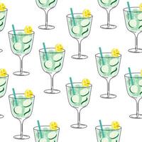nahtlos Muster mit Gurke Cocktail. Glas von alkoholisch trinken mit Eis Würfel, Zitrone, Gin, Gurke auf Weiß Hintergrund vektor