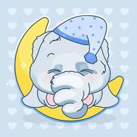 Süße Elefantenkawaii-Cartoon-Vektor-Figur. Entzückendes und lustiges Tier, das auf dem Mond schläft, isolierter Aufkleber, Patch. Schlafenszeit, Nachtzeit. Anime Baby Boy Elefant Emoji auf blauem Hintergrund