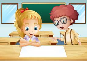 En tjej och en pojke tittar på den tomma skylten inuti klassrummet vektor