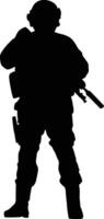 Silhouette von voll Rüstung Soldat. Militär- Männer tragen Uniform Illustration. Heer Pose mit Riffel Waffe vektor