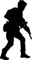 Silhouette von voll Rüstung Soldat. Militär- Männer tragen Uniform Illustration. Heer Pose mit Riffel Waffe vektor