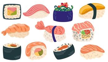 sushi uppsättning japan asiatisk mat logotyp design packa isolerat på vit bakgrund vektor