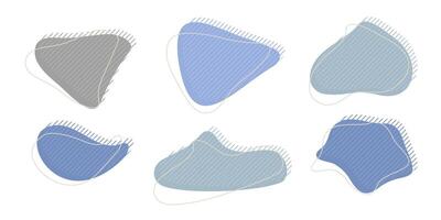 Sammlung von organisch irregulär Klecks gestalten mit dekorativ Streifen und Schlaganfall Linie. grau Blau zufällig verformen Kreis Stelle. isoliert Weiß Hintergrund organisch Amöbe Gekritzel Elemente Illustration. vektor