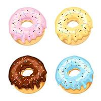 Set aus farbigen Donuts mit Zuckerglasur und Schokolade mit mehrfarbigem Abstauben. Vektor-Illustration isoliert auf weißem Hintergrund. vektor