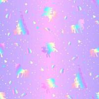 Regenbogen nahtlose Muster mit Einhörnern, Herzen, Kronen und Sternen auf einem holografischen Hintergrund. vektor