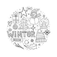 Satz von Winter-Doodle-Elementen. handgezeichnete Objekte in Form eines Kreises auf weißem Hintergrund. Frohe Weihnachten und einen guten Rutsch ins neue Jahr 2022. vektor