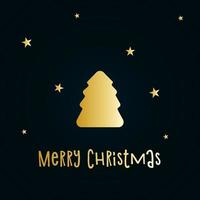 goldene Silhouette eines Weihnachtsbaumes mit Schnee und Sternen auf dunkelblauem Hintergrund. Frohe Weihnachten und ein glückliches neues Jahr 2022. Vektor-Illustration.