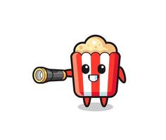 popcorn maskot håller ficklampa vektor