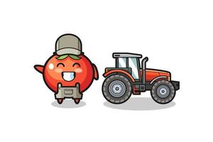 das Maskottchen des Tomatenbauern, das neben einem Traktor steht vektor