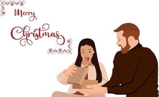 far överraskar sin dotter på juldagen, söt flicka öppnar sin julklapp. vektor