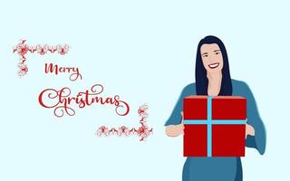 Mädchen mit Geschenkpaket, Mädchen mit Geschenk verpackt in rotem Packpapier mit blauem Band, Weihnachtscharakter-Vektorillustration. vektor