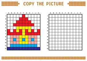 kopia de bild, komplett de rutnät bild. pedagogisk kalkylblad teckning med rutor, färg cell områden. barns förskola aktiviteter. tecknad serie, pixel konst. slott illustration. vektor