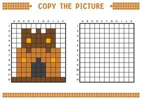 kopia de bild, komplett de rutnät bild. pedagogisk kalkylblad teckning med rutor, färg cell områden. barns förskola aktiviteter. tecknad serie, pixel konst. kunglig fästning illustration. vektor