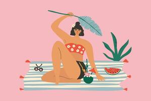 Sommer- Poster mit Frau halten ein tropisch Blatt. Strand Handtuch, Wassermelone, Kokosnuss Cocktail, Sonne Regenschirm. Hintergrund Illustration zum Einladung, Postkarte, Webseite Banner, Drucken auf ein T-Shirt. vektor