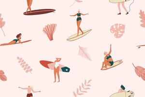 Surfen Mädchen Charakter im Badeanzug mit ein Shortboard und Longboard nahtlos Muster. retro Surfen tropisch nahtlos Muster im . Sommer- Design zum Stoff, Hintergrund, Verpackung Papier, Hintergrund. vektor