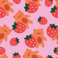 sömlös mönster tecknad serie Björn och jordgubbe. söt djur- tapet illustration för gåva slå in papper vektor