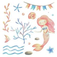 sjöjungfru är en liten flicka med fisk, snäckskal, koraller, alger, sjöstjärna. vattenfärg illustration hand dragen med pastell färger turkos, blå, korall, rosa. uppsättning av element isolerat från bakgrund. vektor