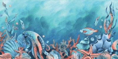 unter Wasser Welt Clip Art mit Meer Tiere Wal, Schildkröte, Krake, Seepferdchen, Seestern, Muscheln, Koralle und Algen. Hand gezeichnet Aquarell Illustration. Grenze, Vorlage, Rahmen auf ein Blau Marine Hintergrund vektor