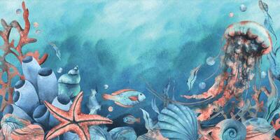 under vattnet värld ClipArt med hav djur val, sköldpadda, bläckfisk, sjöhäst, sjöstjärna, skal, korall och alger. hand dragen vattenfärg illustration. gräns, mall, ram på en blå marin bakgrund. vektor