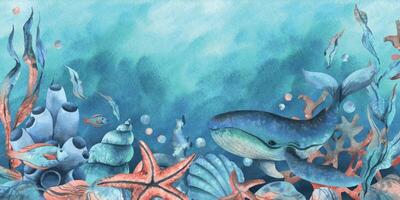 under vattnet värld ClipArt med hav djur val, sköldpadda, bläckfisk, sjöhäst, sjöstjärna, skal, korall och alger. hand dragen vattenfärg illustration. gräns, mall, ram på en blå marin bakgrund vektor