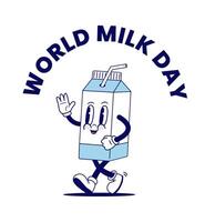Welt Milch Tag Jahrgang drucken. retro Karikatur Milch Charakter. vektor