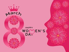 Feier von International Damen Tag auf März 8, Rosa Silhouette Design von Frau Gesicht von Seite und Blumen- Dekoration auf Zahl acht isoliert auf Licht Rosa Hintergrund vektor