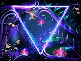 realistisk lysande löv med lila neon ram. ljus lotus blommor, exotisk upplyst växter och djungel tropisk blad med gräns av triangel form. design med mörk bakgrund för inbjudan kort vektor