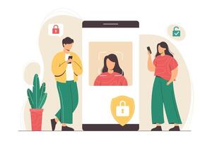 ansiktsbehandling igenkännande teknologi begrepp. ansikte id systemet i smartphone app, biometrisk Identifiering begrepp. man och kvinna stå med telefoner och skanna ansikten till kontrollera identitet av person och låsa upp enhet vektor