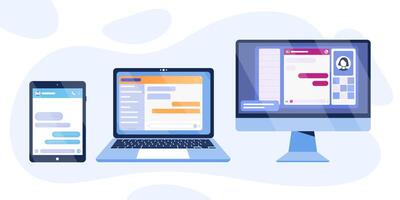 chatt bot dialog fönster på dator, läsplatta och bärbar dator skärm. uppkopplad chatt för användare Stöd eller kund service kommunikation. platt chatbot gränssnitt för leva chattar med form och meddelande bubbla. vektor