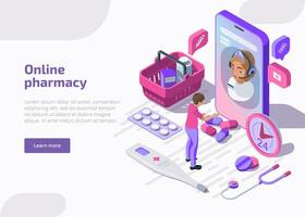 uppkopplad apotek isometrisk baner med handla väska, tabletter, apotekare. apotekare hjälp patient via smartphone Ansökan på mobil enhet. telehälsa, sjukvård eller medicinsk Stöd tjänster begrepp vektor