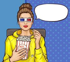pop- konst illustration av en skön brunett kvinna Sammanträde i de hörsal, tittar på en 3d film och äter popcorn. flicka i 3d glasögon sitter i en fåtölj och innehar en behållare med ljuv majs vektor